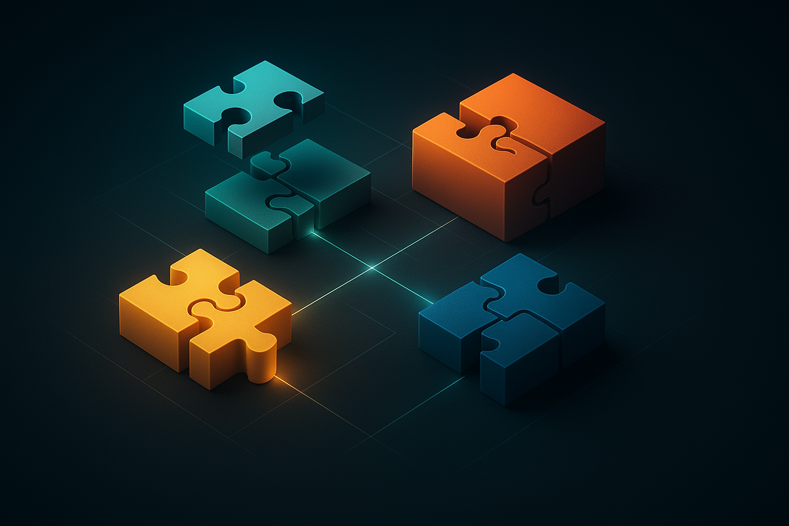 Symbolbild für modulare Softwarearchitektur: Vier verbundene 3D-Puzzleteile repräsentieren strukturierte Layer wie Adapter, Store, Utility und Domain.